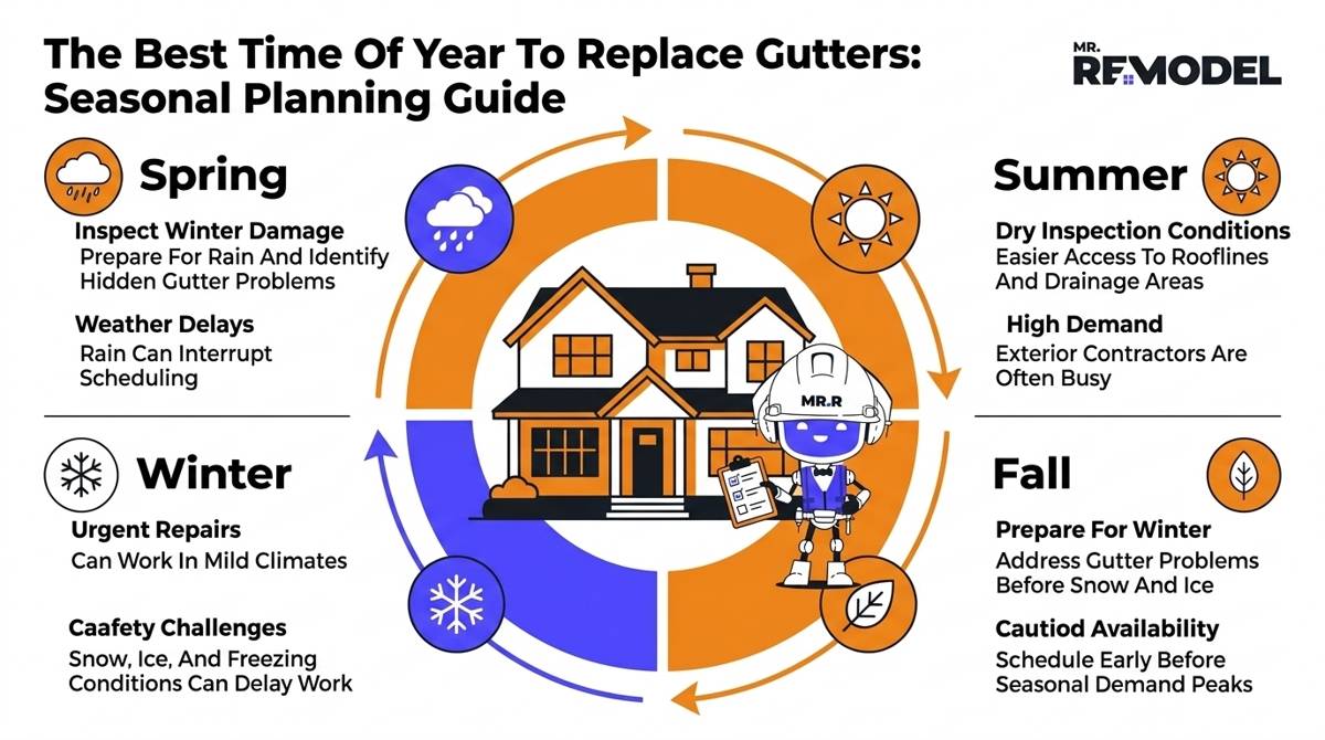 Circular seasonal homeowner planning infographic comparing Spring, Summer, Fall, and Winter gutter replacement timing around a central house illustration.